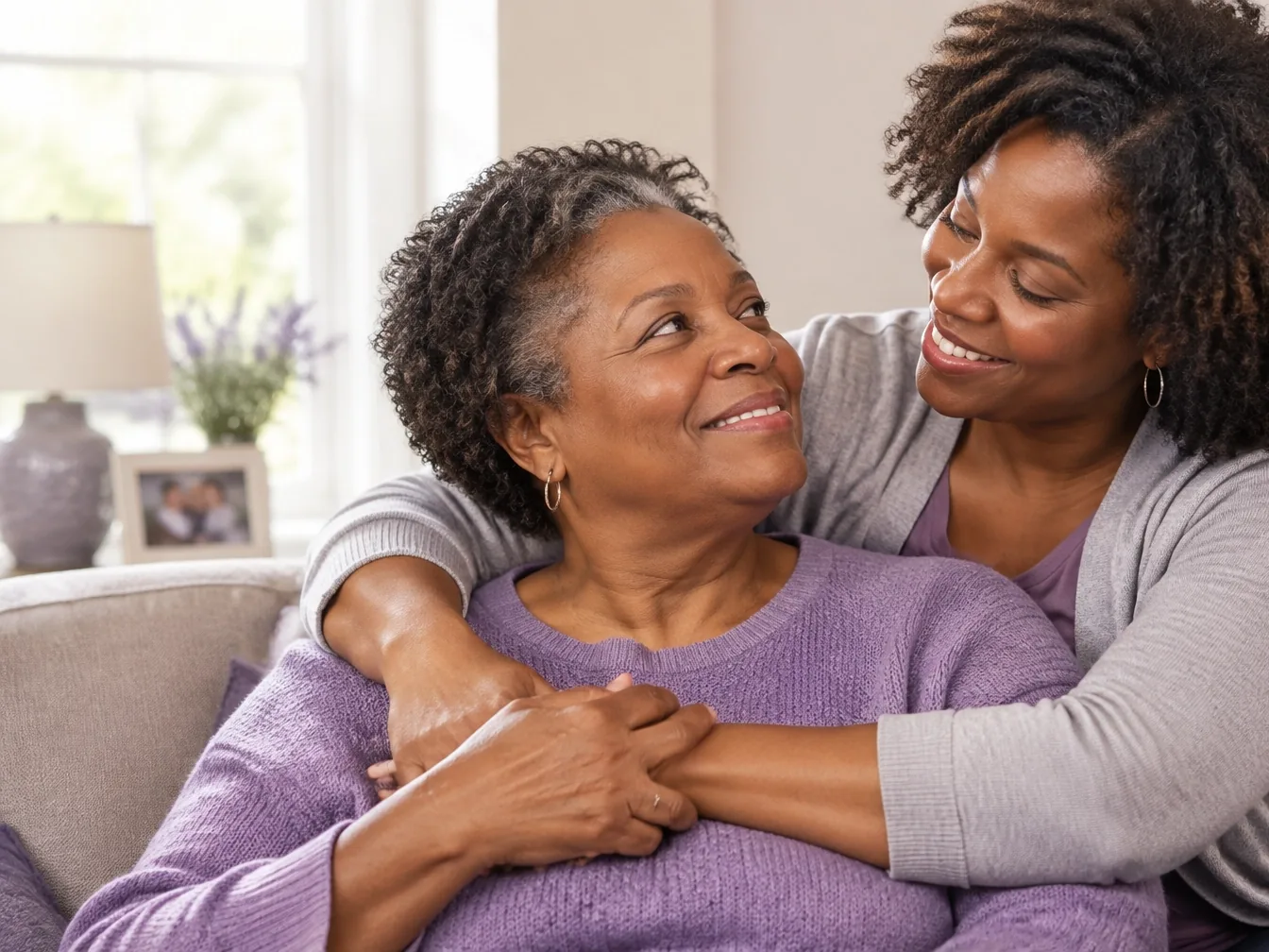A Black older woman shares a warm, supportive moment at home with her adult daughter